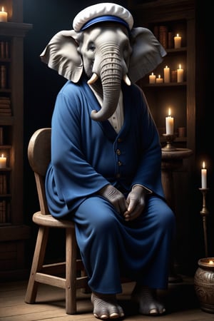 ((CARICATURE, CARTOON)), (Masterpiece, Best Quality, Photorealistic, High Resolution, 8K Raw) cartoon, ((an old elephant)), sitting on a stool, in an ancient liabrary, white beard, round glasses, blue velvet gown, dim light, white cap, hyper realistic, nightwear, dim light, candles, 