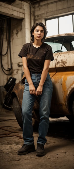 A tomboy mechanic  working hard in garage, background old rusted vehiles, oil stains on her clothes, determined face, putting power, her facial expression reveals the amount of power she is putting to fix a tyre  ,photorealistic