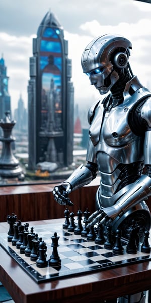 a robot and a man, bionic arm , playing chess, holographic chess, on the table, backdrop a scifi city, masterpiece, best quality, 16k, 1080P, hyperrealistic, ,photorealistic