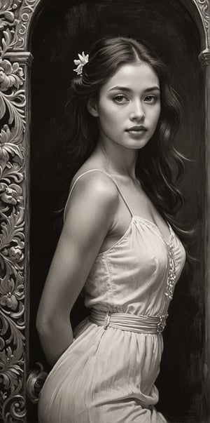 A stunning black and white masterpiece, reminiscent of Pierre-Auguste Renoir's finest works. A single beautiful girl, bathed in soft, elegant lighting, poses thoughtfully against a subtle background, evoking the serene beauty of Ancient Thailand. Her figure is rendered with exquisite anatomy, as if captured by John Singer Sargent's skilled brushstrokes. The composition is refined, with deliberate negative space drawing attention to her captivating presence.