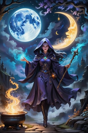 A bewitching scene unfolds under the radiant moonlight, as a cloaked sorceress stands before a bubbling cauldron, her eyes aglow with mystical intensity. The witch's wand gestures weave an aura of energy, as objects around her begin to levitate and transform, swirling with magical potential. The manuscript illustrations depict intricate details: the witch's delicate fingers grasping the wand, the cauldron's wispy tendrils curling into the air, and the moon hovering above like a silver crescent.