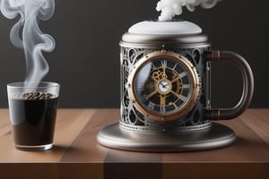 Create an image reminiscent of the captivating style, merging steampunk aesthetics with surreal elements. The handcrafted wooden mug, sits atop a sleek, metallic table. Cinematic lighting casts dramatic shadows, emphasizing its mysterious allure. Wisps of smoke intertwine with intricate mechanical tendrils, blurring the lines between organic and industrial. Coffee beans cascade from ornate containers, adding texture and depth to the scene.