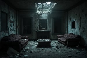 
"Generate a 16K hyper-realistic wide angled cinematic shot of living room of a crumbled, abandoned house. The setting features destroyed furniture scattered across the dark, eerie interior. The cracked walls show signs of decay, with dust and debris scattered on the floor. The overall tone is disturbing and unsettling, enhanced by deep shadows. Use a Hasselblad H6D-400C camera with a 35mm lens, ISO 400 to capture the dark tones, f/8 for detailed depth of field, and a 1/100s shutter speed to emphasize the intricate textures and haunting atmosphere."