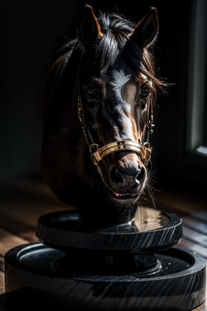 scupture of a well toned beautiful horse, made of carbon black stone with golden design 