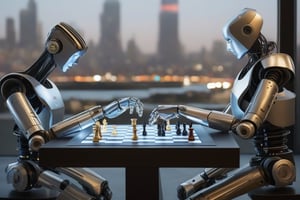 Robotic sentinel and human strategist face off in a game of cosmic proportions. The bionic arm, a marvel of engineering, extends from the robot's mechanical torso as they ponder their next move on the holographic chessboard. Against the gritty backdrop of a dystopian scifi cityscape at dusk, the dimly lit table serves as a canvas for this epic confrontation. Masterpiece-level details render every aspect in 16k hyperrealism: the robotic arm's intricate mechanisms, the human player's focused expression, and the holographic pieces suspended in mid-air like ethereal jewels. The chiaroscuro lighting accentuates the dramatic tension between the two opponents, as if the very fate of the city hangs in the balance.
