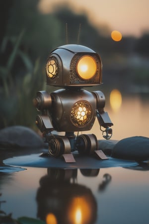 A tight close-up shot captures the intricate details of a small robot perched on the banks of a serene pond at dusk. The robotic structure is a masterclass in repurposed industrial design, with exposed wires, mechanical joints, and panels constructed from weathered scrap metal. Its orange round eyes, like lanterns, gaze intently at the lotus flowers swaying gently in the post-rain breeze. The soft glow of a nearby streetlamp or moonlight casts an ethereal ambiance, as the robot's metallic form seems to blend with the misty night air.,dark,Extremely Realistic,chiaroscuro,low-key