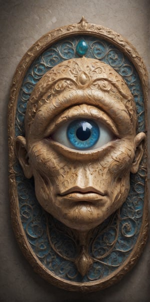 A close-up shot of an eye, situated at the center of a wall, radiates warmth and mystique. The intricately designed iris, surrounded by ornate patterns and swirling shapes, echoes the unique style of Salvador Dali. The subject's contemplative gaze, with hints of wisdom, appears to gaze inwardly, as if lost in thought. Soft, warm lighting casts a gentle glow on the design, highlighting its intricate details and textures.