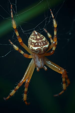 a detailed photo of spider, knitting its web, detailed web, captured on Hasselblad H6D-400c MS, low exposure, high contrast, ISO 100, with a 1800mm macro lens, 