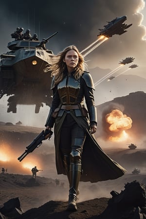 Here is a high-quality prompt for a 8K image:

A cinematic masterpiece of ((ELISABETH OLSEN)), a young female warrior standing suavely in the midst of a desolate, dark fantasy landscape. She walks confidently towards the camera, her long hair billowing in the wind as she gazes upwards at the chaos unfolding above. A humvee with machineguns mounted on top is firing down at an armada of alien spaceships, their hulls exploding in a shower of sparks and flames. In the distance, an enormous mothership looms large, its surface pockmarked by missile trails that leave glowing white contrails in their wake. The air is thick with debris and smoke, illuminated only by the faint glow of distant stars shining through the darkened skies. Every detail is meticulously rendered, from the worn-outer leather outfit on our heroine to the intricate textures of the soldiers' uniforms as they fire their rifles into the sky. The overall mood is one of gritty intensity, as if this moment has been frozen in time for all eternity.