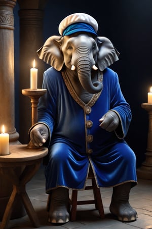 ((CARICATURE, CARTOON)), (Masterpiece, Best Quality, Photorealistic, High Resolution, 8K Raw) cartoon, ((an old elephant)), sitting on a stool, in an ancient liabrary, white beard, round glasses, blue velvet gown, dim light, white cap, hyper realistic, nightwear, dim light, candles, 