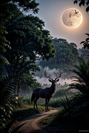 Against the velvety blackness of night, a majestic stag stands silhouetted against the misty jungle backdrop, its antlers reaching towards the radiant full moon. The riverbank's lush foliage creates a sense of depth, while the cool blue light casts an ethereal glow. A lone bat soars through the air, its leathery wings beating softly as it navigates the darkness. The 8K camera captures every detail with photorealistic precision, transporting the viewer to this enchanting jungle paradise under the watchful eye of the lunar orb.