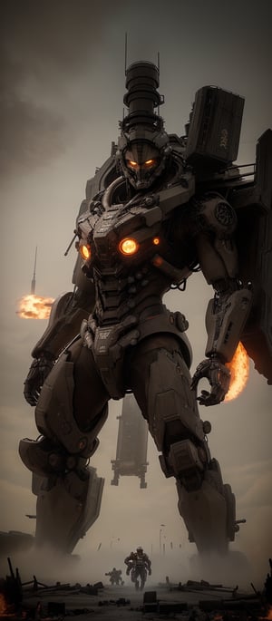 A majestic Raiden Shogun towers over the desolate battlefield, its four-legged mech adorned in shimmering armor and Japanese-inspired designs. The figure's helmeted head gazes out at the smoldering ruins of enemy vehicles, while massive cannons, missile launchers, and energy blades at the ready. In the distance, a cityscape rises from the haze, lights flickering like embers as the orange sunset glow casts long shadows across the devastation. Photorealistic rendering captures every intricate detail, from the mech's metallic plates to the Shogun's imposing pose.