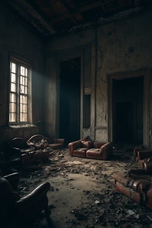 
"Generate a 16K hyper-realistic cinematic shot of a crumbled, abandoned house. The setting features destroyed furniture scattered across the dark, eerie interior. The cracked walls show signs of decay, with dust and debris scattered on the floor. The overall tone is disturbing and unsettling, enhanced by deep shadows. Use a Hasselblad H6D-400C camera with a 35mm lens, ISO 400 to capture the dark tones, f/8 for detailed depth of field, and a 1/100s shutter speed to emphasize the intricate textures and haunting atmosphere."