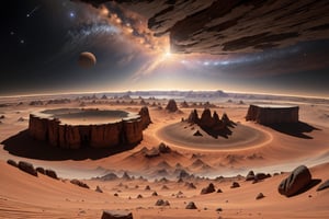 A breathtaking landscape of Mars, revealing the planet's otherworldly beauty in all its glory. The vast expanse of crimson terrain stretches out as far as the eye can see, with towering canyons and rocky outcroppings jutting up from the surface. A vivid ochre sky, dotted with wispy white clouds, arches overhead, lending a surreal and dreamlike quality to the scene. The air is thin and still, with only the occasional gust of reddish dust swirling across the terrain. In the distance, a massive volcano looms large, its slopes a deep shade of crimson, almost black. Sunlight filters through the atmosphere, casting long shadows across the surface, emphasizing the rugged terrain and the harsh beauty of this alien world. In the foreground, a lone, weathered rock formation stands proudly, its jagged edges catching the light, revealing a hint of the geological wonders that lie beneath the surface of Mars. The image evokes a sense of awe and wonder, reminding viewers that there are countless worlds out there waiting to be explored.,Sylvain_Sarrailh_style_lora_by_niolas