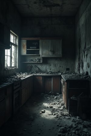 
"Generate a 16K hyper-realistic cinematic shot of Kitchen of a crumbled, abandoned house. The setting features destroyed furniture scattered across the dark, eerie interior. The cracked walls show signs of decay, with dust and debris scattered on the floor. The overall tone is disturbing and unsettling, enhanced by deep shadows. Use a Hasselblad H6D-400C camera with a 35mm lens, ISO 400 to capture the dark tones, f/8 for detailed depth of field, and a 1/100s shutter speed to emphasize the intricate textures and haunting atmosphere."