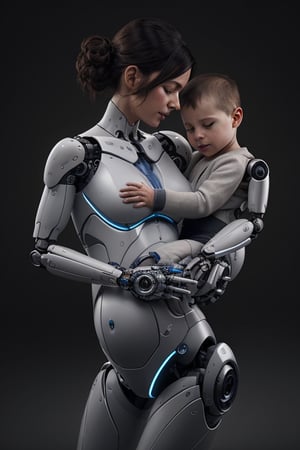 In a futuristic, photorealistic scene, a mecha girl with a slender, glass-like body stands in a neutral, grey-toned environment. Her transparent stomach glows softly, cradling an infant inside a translucent womb. The humanoid mother's gentle pose conveys maternal love and affection as she gazes down at her half-human, half-robot offspring. Details are meticulously rendered at 64k resolution, showcasing the intricate textures of her robotic limbs and the tender moment between mother and child.