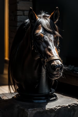 scupture of a well toned beautiful horse, made of carbon black stone with golden design 