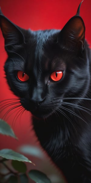 A close-up shot of a demonic black cat's face, its piercing red eyes glowing in the dark. The feline's fur appears as dark as coal, with subtle shading giving it an eerie depth. Set against a fiery red backdrop, thickets of twisted thorns, resembling devil's claws, sprout out from the darkness, creating an ominous atmosphere.