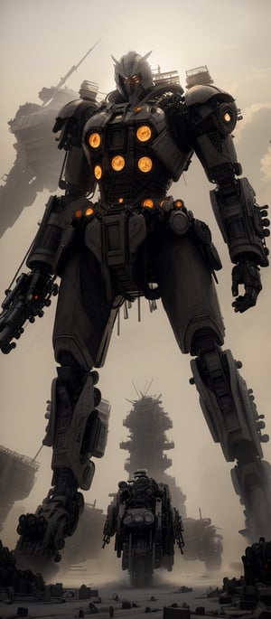 A majestic Raiden Shogun towers over the desolate battlefield, its four-legged mech adorned in shimmering armor and Japanese-inspired designs. The figure's helmeted head gazes out at the smoldering ruins of enemy vehicles, while massive cannons, missile launchers, and energy blades at the ready. In the distance, a cityscape rises from the haze, lights flickering like embers as the orange sunset glow casts long shadows across the devastation. Photorealistic rendering captures every intricate detail, from the mech's metallic plates to the Shogun's imposing pose.