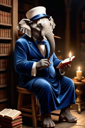 ((CARICATURE, CARTOON)), (Masterpiece, Best Quality, Photorealistic, High Resolution, 8K Raw) cartoon, ((an old elephant)), sitting on a stool, smoking cigar, reading books,  in an ancient liabrary, white beard, round glasses, blue velvet gown, dim light, white cap, hyper realistic, nightwear, dim light, candles, 