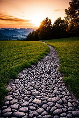 a path of cracked rocks, between green field, heading towards green mountains, both sides of path having boundaries made of logs, sunset, golden hour, hyper realistic, ultra realistic, 18k, masterpiece, outstanding photo, cinematic lighting 