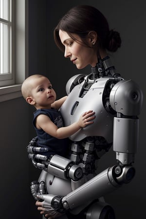 In a futuristic, photorealistic scene, a mecha girl with a slender, glass-like body stands in a neutral, grey-toned environment. The humanoid mother's gentle pose conveys maternal love and affection as she gazes down at her half-human, half-robot offspring. Details are meticulously rendered at 64k resolution, showcasing the intricate textures of her robotic limbs and the tender moment between mother and child.