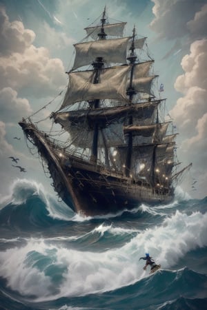 generate a hyper realistic photo of a girl,  sea pirate, on old rusted ship, in mid of the ocean, large waves, high tides, sea monsters, Uhd, photography, masterpiece, highly detailed