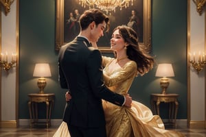 A stunning oil painting of a romantic couple, dressed in vibrant attire, amidst a whimsical dance. The woman's dress flows like silk in the gentle breeze, while the man's suit shines with intricate details. Against a warm, golden backdrop, the duo's joyful movement is captured in mid-air, as if suspended in time. Soft, feathery brushstrokes and rich colors evoke a sense of tenderness and intimacy. Framed within a ornate, gilded border, this 16k masterpiece exudes an air of nostalgia and timelessness.,xlinex