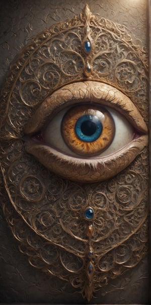 A close-up shot of an intricately designed eye, situated at the center of a wall. The eye is surrounded by ornate patterns and swirling shapes, reminiscent of a famous artist's unique style. The subject's facial expression is contemplative, with a hint of wisdom, as if gazing inwardly. The warm lighting casts a soft glow on the design, highlighting its intricate details.