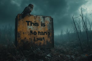 Generate a wide-angle 4K cinematic shot of a rusted signboard with the phrase 'This is no man's land' written on it. A chameleon crawls across the board while an owl perches ominously on top. The scene is set in a dark, post-apocalyptic landscape with a disturbing tone, featuring a barren ground and ominous, cloudy skies. Use a Hasselblad X1D, ISO 400 for low-light conditions, f/4 for balanced depth, and a 1/80s shutter speed to capture the eerie stillness and unsettling mood of the environment."