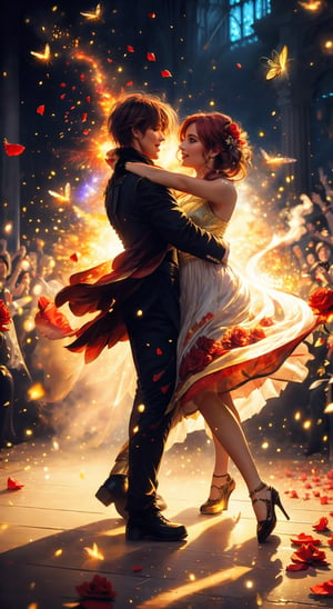  a highly detailed photo of a couple dancing elegantly, an explosion of red rose petals, creating a stunning scene that captures the essence of the celebration,Extremely Realistic,frwks,firefliesfireflies