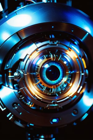 A futuristic close-up shot of a robotic eye with intricate mechanical details, gleaming metallic surfaces, and glowing blue optics. Softbox lighting casts a warm glow on the robot's angular face, while the surrounding darkness creates a dramatic contrast. The camera captures every microscopic mechanism, highlighting the precision engineering that brings this artificial gaze to life.,Extremely Realistic