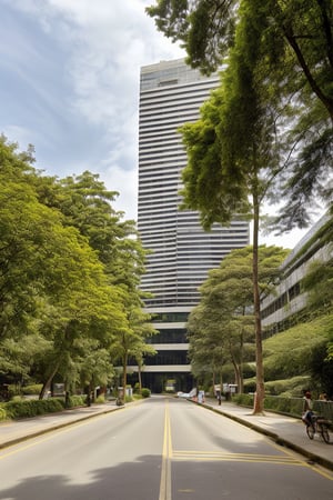 Vibrant cityscape on a radiant sunny day: a wide, empty asphalt road stretches out before towering skyscrapers, their glassy facades reflecting the blue sky. The air is filled with lush greenery - tall trees, vibrant plants, and verdant vegetation - as birds flit about, adding to the area's aesthetic appeal.,Room,monochrom