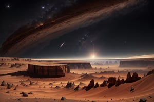 A breathtaking landscape of Mars, revealing the planet's otherworldly beauty in all its glory. The vast expanse of crimson terrain stretches out as far as the eye can see, with towering canyons and rocky outcroppings jutting up from the surface. A vivid ochre sky, dotted with wispy white clouds, arches overhead, lending a surreal and dreamlike quality to the scene. The air is thin and still, with only the occasional gust of reddish dust swirling across the terrain. In the distance, a massive volcano looms large, its slopes a deep shade of crimson, almost black. Sunlight filters through the atmosphere, casting long shadows across the surface, emphasizing the rugged terrain and the harsh beauty of this alien world. In the foreground, a lone, weathered rock formation stands proudly, its jagged edges catching the light, revealing a hint of the geological wonders that lie beneath the surface of Mars. The image evokes a sense of awe and wonder, reminding viewers that there are countless worlds out there waiting to be explored.,Sylvain_Sarrailh_style_lora_by_niolas
