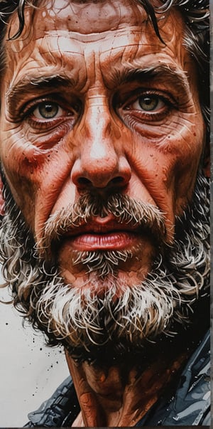 A captivating close-up oil and ink painting by Sozdatel, masterfully capturing the essence of a coal-face man with a thick, tangled beard and sharp chiseled features. His intense gaze, directed towards an unseen point in the distance, seems to pierce through the viewer. The color palette of black, white, and bold red accents contrasts dramatically, drawing the viewer's eye and evoking a sense of intrigue. The intricate details and textures of the face convey a powerful presence, making this painting a truly unforgettable work of art., painting, illustration