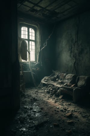 
"Generate a 16K hyper-realistic cinematic shot of a crumbled, abandoned house. The setting features destroyed furniture scattered across the dark, eerie interior. The cracked walls show signs of decay, with dust and debris scattered on the floor. The overall tone is disturbing and unsettling, enhanced by deep shadows. Use a Hasselblad H6D-400C camera with a 35mm lens, ISO 400 to capture the dark tones, f/8 for detailed depth of field, and a 1/100s shutter speed to emphasize the intricate textures and haunting atmosphere."