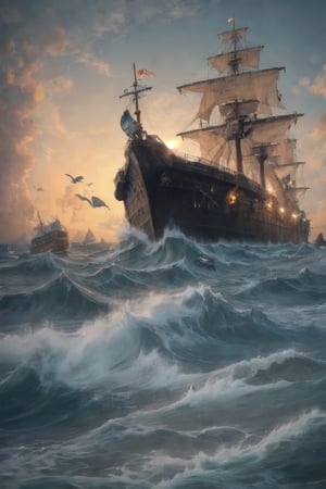 generate a hyper realistic photo of a girl,  sea pirate, on old rusted ship, in mid of the ocean, large waves, high tides, sea monsters, Uhd, photography, masterpiece, highly detailed