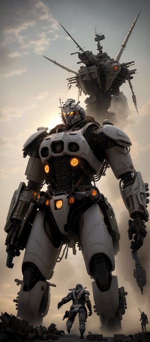 A towering figure adorned in magnificent armor, standing atop a massive, four-legged mech. The mech's body is covered in intricate designs and glistening metallic plates, resembling a blend of traditional Japanese aesthetics and high-tech engineering. The figure's head is shrouded in a distinctive Raiden helmet, its visor reflecting a blurred vision of the surrounding landscape. The mech's powerful limbs are equipped with massive cannons, missile launchers, and energy blades, ready for combat. The ground beneath the mech is littered with the remains of destroyed enemy vehicles and debris, a testament to its overwhelming power and might. In the distance, a cityscape is visible, with buildings stretching toward the horizon, their lights flickering in the haze of battle. The sky above is painted with the colors of a vibrant sunset, casting a warm, orange glow over the scene. The image conveys a sense of awe-inspiring dominance and the destructive potential of the Raiden Shogun, the legendary war machine of the world of Xenoblade Chronicles.
  ,photorealistic, ,zzmckzz