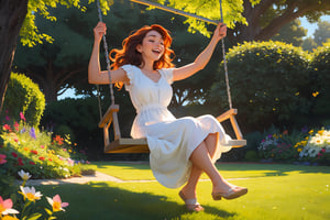 A stunningly beautiful young woman, her long, wavy auburn hair flowing gently in the warm summer breeze. She is wearing a flowing white dress that billows around her as she gracefully swings back and forth in a large, circular garden swing. The swing is suspended mid-air, its chains wrapped around a massive, ancient tree, its leaves shimmering emerald green in the sunlight. The woman's eyes are closed, her face upturned to the sun, her lips curved into a delighted smile as she laughs heartily, the sound filling the air with joy and delight. Beneath her feet, a soft bed of blooming flowers carpets the ground, their colors vibrant and alive, reflecting the warmth of the sun's rays. The garden itself is meticulously maintained, with perfectly trimmed hedges, lush green grass, and a variety of flowering plants and trees creating a peaceful, enchanting atmosphere.,realistic