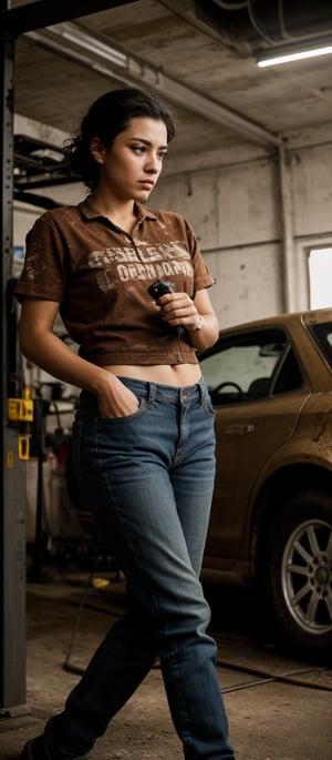 A tomboy mechanic  working hard in garage, background old rusted vehiles, oil stains on her clothes, determined face, putting power,  ,photorealistic