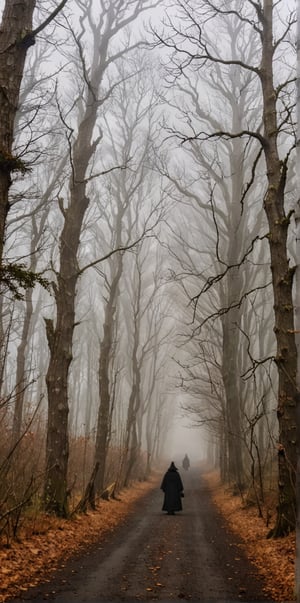 A winding forest path leads through a veil of misty fog, the trees' gnarled branches like skeletal fingers reaching towards the sky. In the distance, a coven of witches convenes, their black robes blending with the shadows as they prepare for their mystical gathering. The atmosphere is heavy with anticipation.