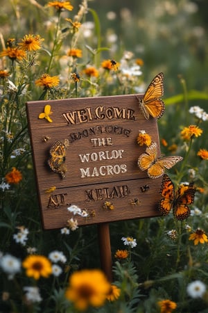 Capture a macro image of a wooden board engraved with 'Welcome To The World of Macros,' set amidst grass, flora, and surrounded by insects like bees, beetles, and butterflies. Use a Hasselblad X1D camera with an 80mm macro lens. Set ISO to 100 for maximum clarity, aperture at f/2.8 for a shallow depth of field, and a shutter speed of 1/200s to capture crisp details. Soft, natural light enhances the vibrant colors, highlighting the intricacy of the wings and textures.