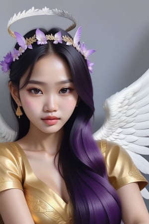 official art, ultra detailed, beautiful and aesthetic, masterpiece, best quality, Cambodian angel girl, big white and purple wings,An angel 