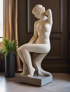 A sensual stone statue of feminine hips and legs, half body, just hips and legs, decorating a living room