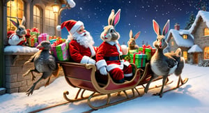 masterpiece, best quality, Easter bunny dressed with clothes and hat of Santa Claus, on a sleigh full of gifts, sleigh is being pulled by turkeys 