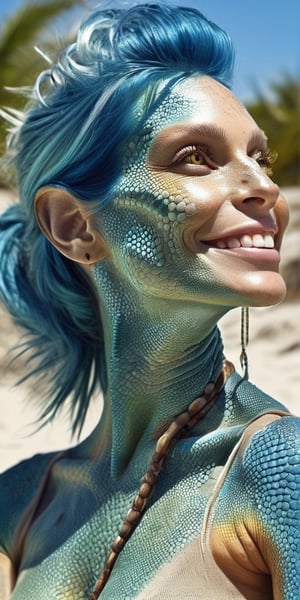 A beautiful Iguana woman sun bathing, metallic blue hair, happy face,photorealistic