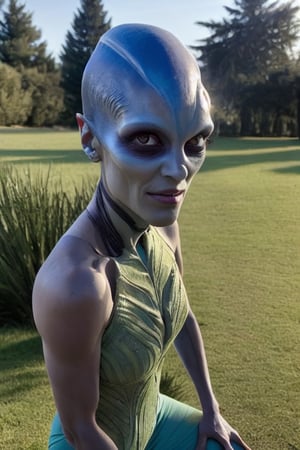 A beautiful female alien in a park, full body, best quality, amazing quality, very aesthetic, absurdres,perfect eyes, 