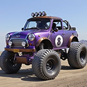 A Mini Cooper Bigfoot monster truck, purple and a little rusty,more detail XL,rat_rod