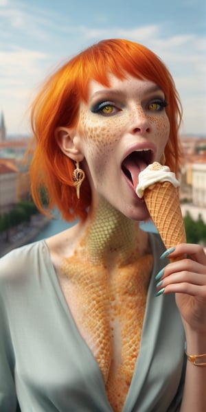 A beautiful lizard woman licking ice cream, she has a long tongue, 30cm of tongue, orange hair, happy face,photorealistic, city in the background 