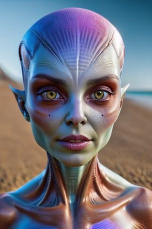 A beautiful creature in a beach ,photorealistic,Alien